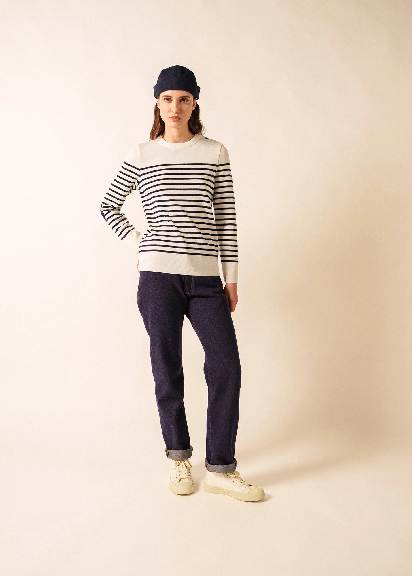 Pull marin rayé Brégançon - à coudières contrastées (BLANC/NAVY/NAVY) - Image 3
